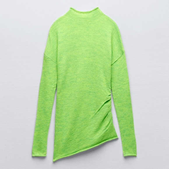 NWT Zara Neon Green Asymmetric Mock Neck Knit Sweater High Neck Top Medium - Picture 5 of 14